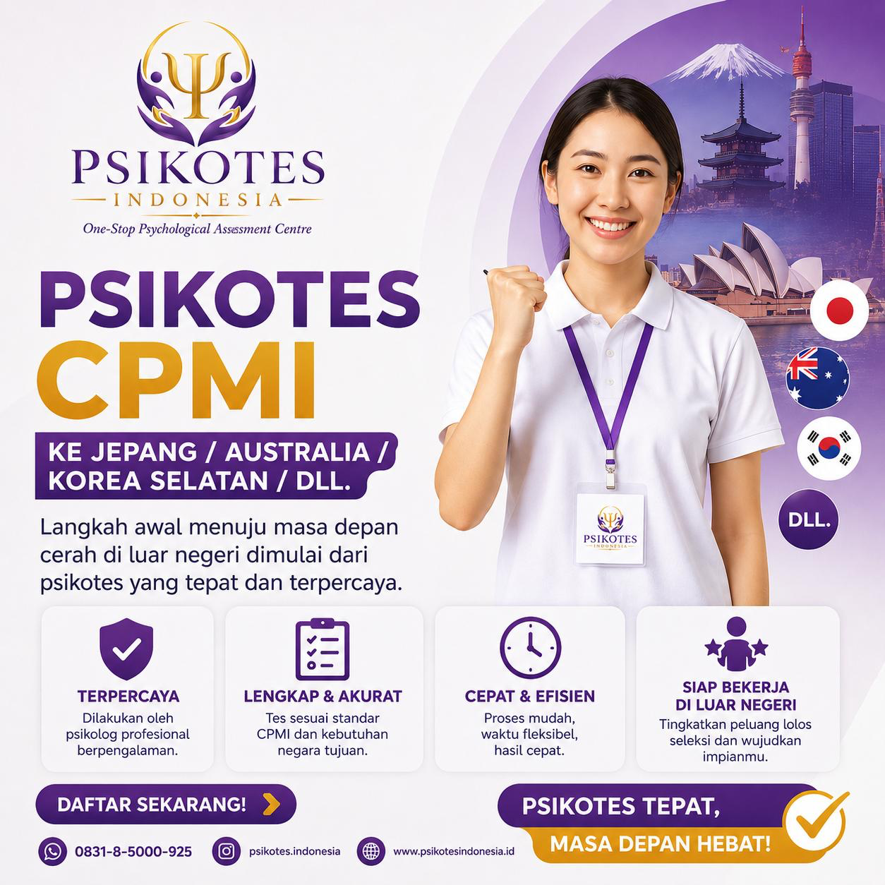 Infografis Psikotes CPMI — Persiapan psikotes untuk Calon Pekerja Migran Indonesia ke Jepang, Australia, dan Korea Selatan